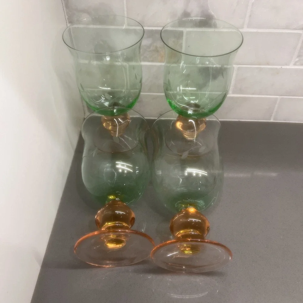 4 Vintage Pfaltzgraff Napoli Watermelon Pnk Stem Iced Tea Goblets Glasses Etched